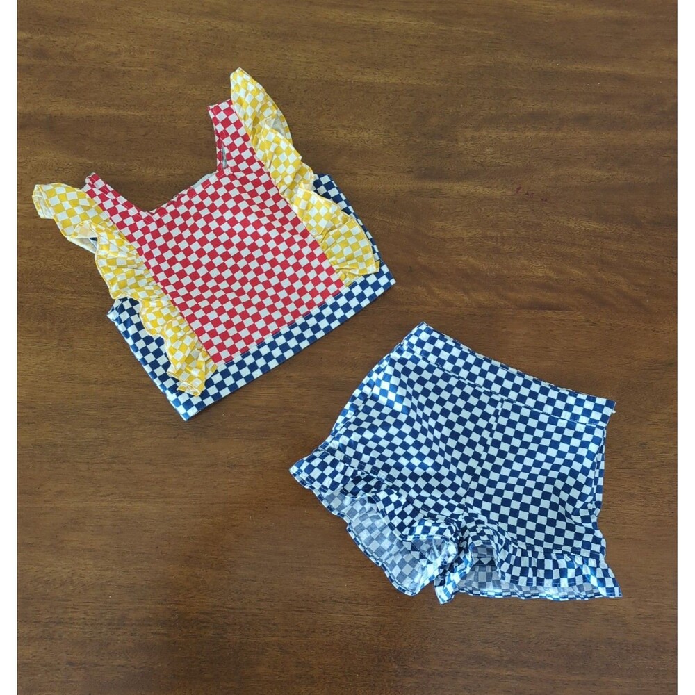 Stella McCartney Kids checkered cotton top and shorts set featuring red, blue 5Y